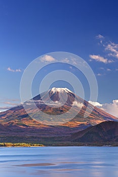 Mount Fuji and Lake Motosu, Japan on a clear afternoon photo